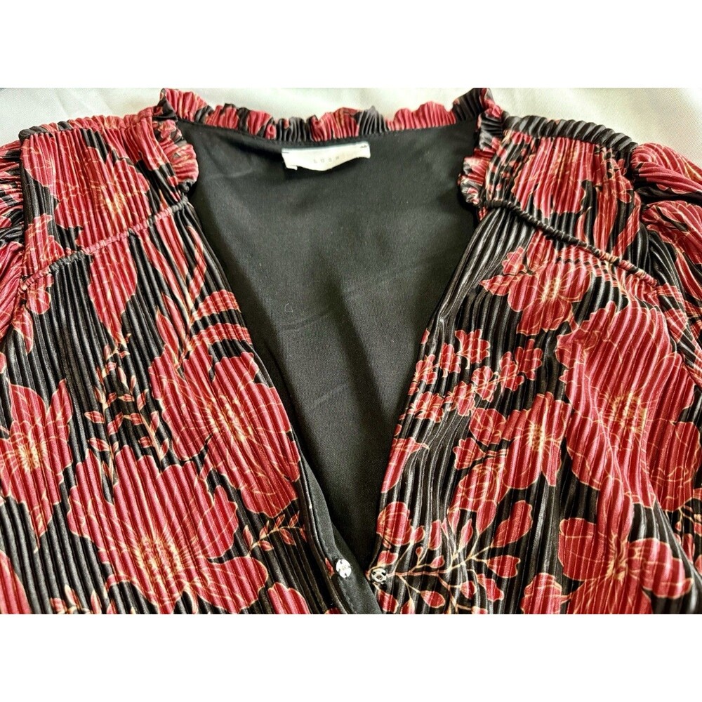 NEW Lush Black Red Floral Pleated Blouse Surplice Neck Ruffled Long Sleeve S - Picture 10 of 10